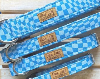 Blue Wavy Racing Checker Dog Collar,  Checkered Collar, Dixie Lane Collars