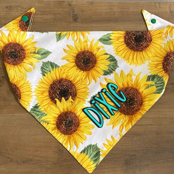 Personalized Sunflower Dog Bandana, Tie on and/or snap on for an adjustable fit, Free Pet name personalization