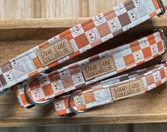 Brown and Orange Checker Smiles Dog Collar,  Fall Checkered Collar, Dixie Lane Collars