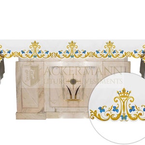 Altaarkleed Marian Madonna, Accessoires voor kerkvieringen, Katholiek altaarkleed. Gepersonaliseerd geborduurd tafelkleed voor kerkaltaar.