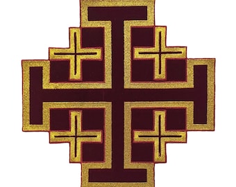 May include: A burgundy and gold embroidered Jerusalem cross patch. The cross features a large central cross with four smaller crosses in each quadrant, all outlined in gold thread. The design is symmetrical and detailed.