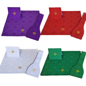 Set of 4 Burses, maniples and chalice veils,Four colors set white, green, purple, red.Full Set Pall, Burse and Chalice Veil Set.