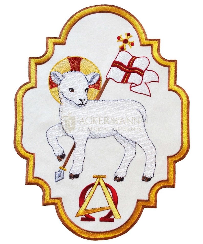 May include: White lamb with a halo, holding a staff with a red and white flag. The lamb is standing on a white background with a gold border. The Greek letters Alpha and Omega are below the lamb.