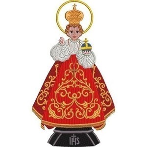 May include: Embroidered image of a figure wearing a red robe with gold filigree, a crown, and a halo. The figure holds a globe and a cross. The base is black with the letters IHS and a cross.