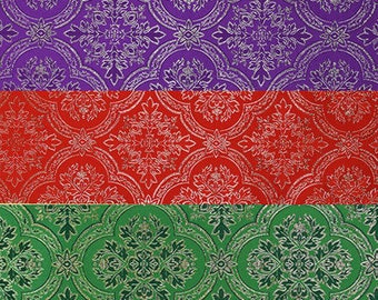 Brokaatstof, accessoires voor kerkelijke vieringen, kleuren groen, paars, rood, zwart, crème.