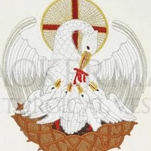 以下が含まれることがあります： 赤いクチバシと広げられた翼を持つ白いペリカンが、茶色の巣の中で子供たちに餌を与えています。ペリカンは、赤い十字架のある金の輪の中にいます。