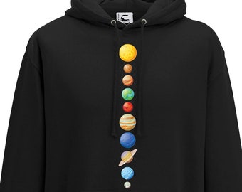May include: Black hooded sweatshirt with a graphic of the planets in our solar system printed on the front. The planets are arranged vertically in order from the sun outwards.