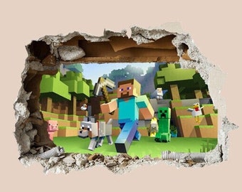 VARIOS 3D Smashed Wall Mural Minero Gamer Miner Minecraft Etiqueta de la pared Sala de juegos Arte de la pared