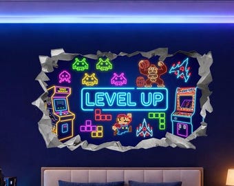3D Smashed Wall Mural Neon Kong Level Up Wall Sticker Room Gaming Wall Art Stickers For Childrens Bedroom