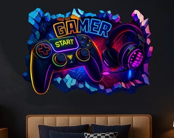 Personalised Gamer Wall Sticker 3D Smashed Wall Mural – Neon Street Graffiti Gaming Room Wall Art