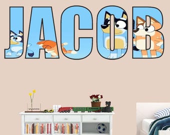 Mural Personalised Name Bedroom Bluey Cartoon Wall Sticker Room Wall Art Impact Font