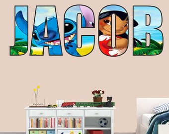 Mural Personalised Name Bedroom Lilo and Stitch Cartoon Wall Sticker Room Wall Art Impact Font