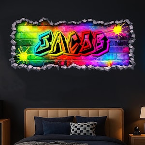 May include: A contemporary bedroom scene with a bed, desk, and shelving. The main feature is a graffiti-style artwork on the wall, spelling "JACOB" in vibrant colours. A neon blue lightning bolt provides a striking contrast against the dark wall.