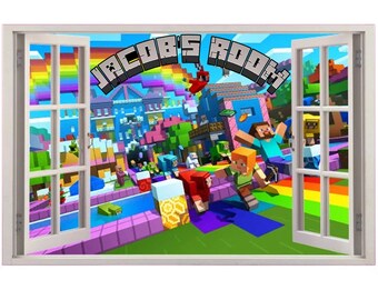 PERSONALISED 3D Fake Window Mining Scenery Wall Sticker For Kids Bedroom Extra Stickers Mining Wall Art Decal Removable Vinyl Art