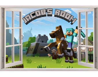 PERSONALISED 3D Fake Window Mining Scenery Wall Sticker For Kids Bedroom Extra Stickers Mining Wall Art Decal Removable Vinyl Art