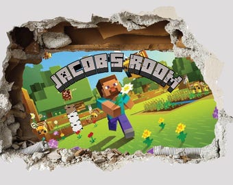 PERSONALISED 3D Smashed Wall Mural Mining Gamer Miner Mining Wall Sticker Room Gaming Wall Art Mining Element Stickers For Childrens Bedroom