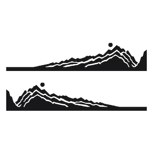 May include: A black and white graphic decal featuring two mirrored mountain range silhouettes. Each mountain design includes a solid circular sun positioned above the peaks, with layered jagged ridges and a flat horizontal base line.