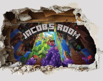 PERSONALISED 3D Smashed Wall Mural Mining Gamer Miner Mining Wall Sticker Room Gaming Wall Art Mining Element Stickers For Childrens Bedroom