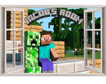 PERSONALISED 3D Fake Window Mining Scenery Wall Sticker For Kids Bedroom Extra Stickers Mining Wall Art Decal Removable Vinyl Art