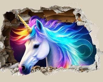 May include: A white unicorn with a rainbow mane and horn, peeking through a cracked wall. The background is a dark blue with stars and a swirling rainbow effect.