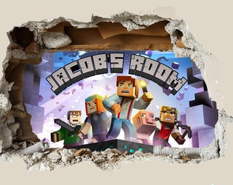 PERSONALISED 3D Smashed Wall Mural Mining Gamer Miner Mining Wall Sticker Room Gaming Wall Art Mining Element Stickers For Childrens Bedroom