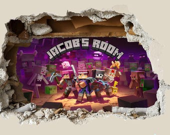 PERSONALISED 3D Smashed Wall Mural Mining Gamer Miner Mining Wall Sticker Room Gaming Wall Art Mining Element Stickers For Childrens Bedroom