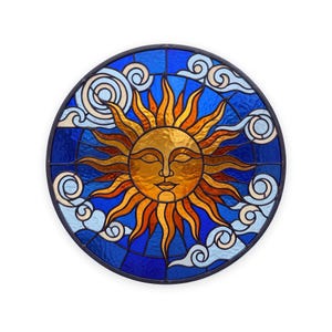 May include: A circular stained glass panel featuring a central golden sun with a serene face and radiating wavy rays. The sun is surrounded by a deep blue sky background filled with swirling white and light blue clouds, all encased in a dark frame.