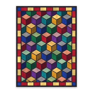 May include: A rectangular wall art piece featuring a repeating geometric pattern of isometric cubes in various colours including red, blue, green, yellow, purple, and grey. The design is enclosed by a border of alternating red and gold squares.