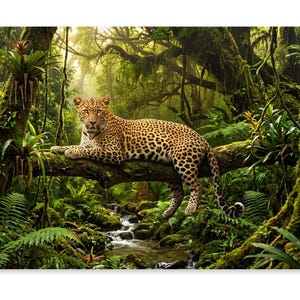 May include: A leopard with a golden coat and black rosettes rests on a thick tree branch. The feline is positioned in a lush, dense rainforest environment featuring green ferns, moss-covered trees, and a small flowing stream below the branch.