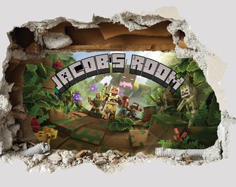 PERSONALISED 3D Smashed Wall Mural Mining Gamer Miner Mining Wall Sticker Room Gaming Wall Art Mining Element Stickers For Childrens Bedroom