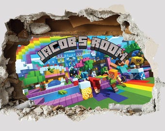 PERSONALISED 3D Smashed Wall Mural Mining Gamer Miner Mining Wall Sticker Room Gaming Wall Art Mining Element Stickers For Childrens Bedroom