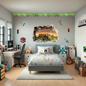 3D Smashed Wall Mural Mining Gamer Miner Mining Wall Sticker Room Gaming Wall Art Mining Element Stickers For Childrens Bedroom