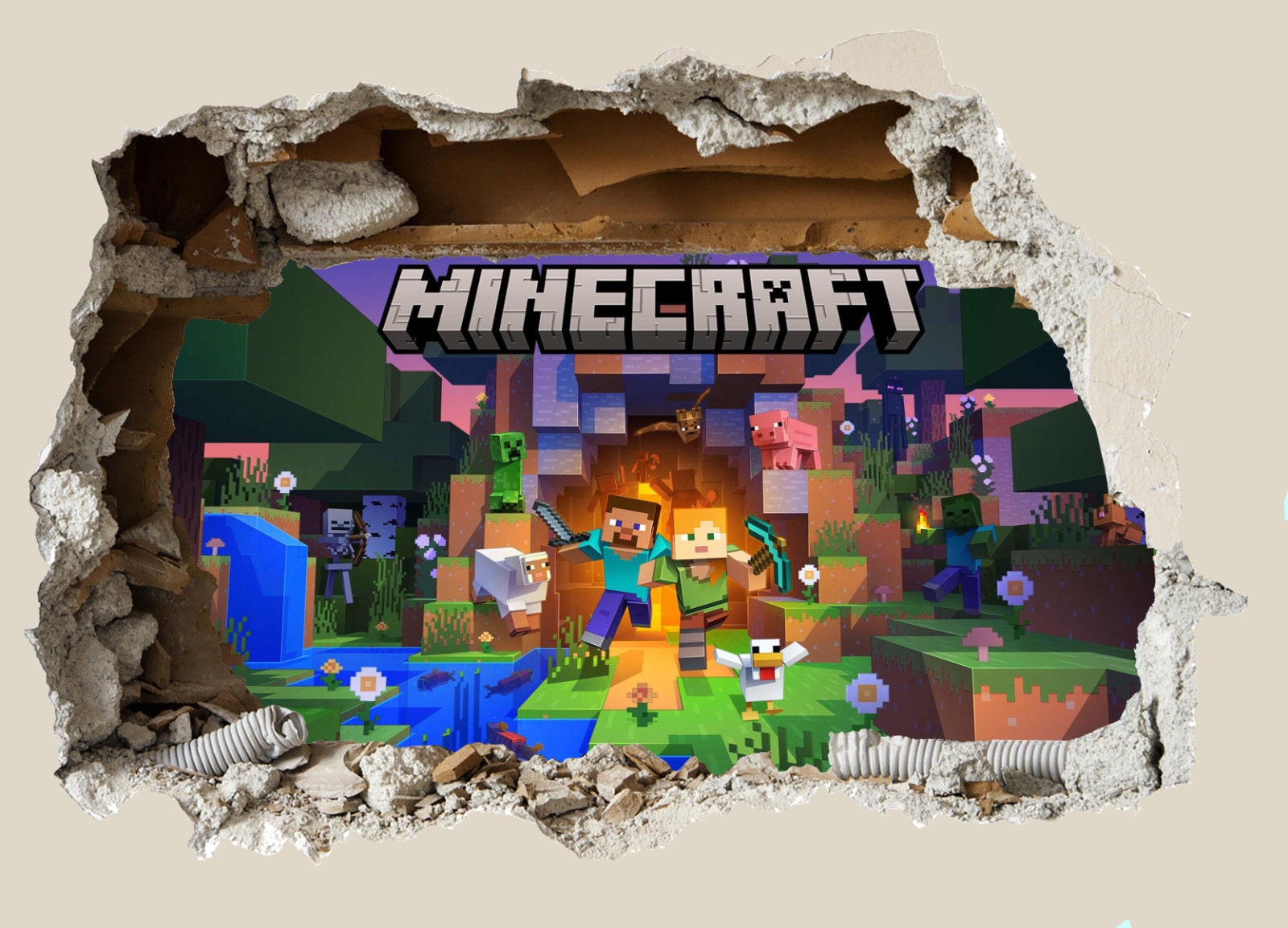 VARIOUS 3D Smashed Wall Mural Mining Gamer Miner Mine Craft Wall ...