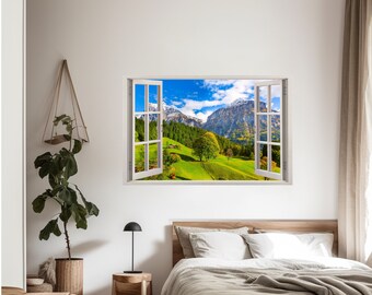 3D Fake Window Scenery Wall Sticker Realistic Mountain View Decal Home Bedroom Living Room Decor, Removable Vinyl Art For Home Or Office