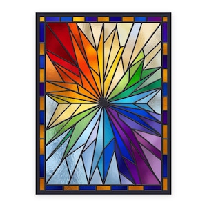 Puede incluir: Un panel rectangular de vidriera con un patrón central de estallido estelar con fragmentos radiantes de vidrio rojo, naranja, amarillo, verde, azul y morado. El diseño está encerrado por un marco oscuro con un borde de vidrio azul y ámbar.