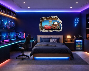 Cars Movie Wall Sticker 3D Smashed Wall Mural Film Kids Bedroom Decor McQueen and Tow