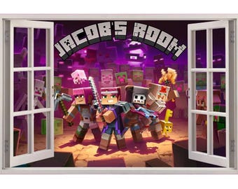 PERSONALISED 3D Fake Window Mining Scenery Wall Sticker For Kids Bedroom Extra Stickers Mining Wall Art Decal Removable Vinyl Art