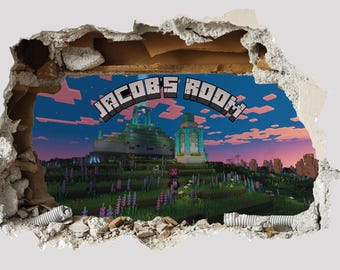 PERSONALISED 3D Smashed Wall Mural Mining Gamer Miner Mining Wall Sticker Room Gaming Wall Art Mining Element Stickers For Childrens Bedroom