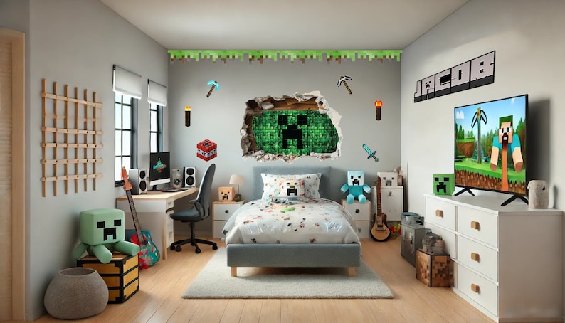 3D Smashed Wall Mural Mining Gamer Miner Mining Wall Sticker Room Gaming Wall Art Mining Element Stickers For Childrens Bedroom