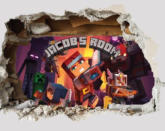 PERSONALISED 3D Smashed Wall Mural Mining Gamer Miner Mining Wall Sticker Room Gaming Wall Art Mining Element Stickers For Childrens Bedroom