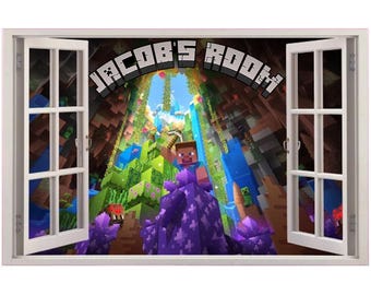 PERSONALISED 3D Fake Window Mining Scenery Wall Sticker For Kids Bedroom Extra Stickers Mining Wall Art Decal Removable Vinyl Art