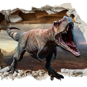 T-rex  Dinosaur 3D Smashed Wall Mural Dino Wall Sticker Kids Room Wall Art Ultra Realistic
