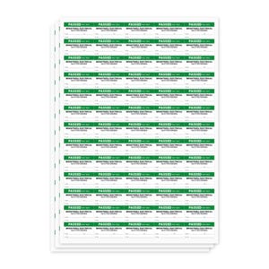 May include: A white sheet of rectangular adhesive labels featuring a green header with the text PASSED PAT TEST. Below this, the text BRIGHTWELL ELECTRICAL and Tel 07700 900456 are printed in black, followed by blank lines for date and tester name.