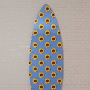 Surfboard Wall Art Printed on Glass (Acrylic): Sunflowers on Blue