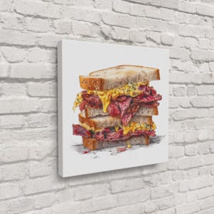 Messy Pastrami Sandwich Wall Art – Minimalist Food Illustration Print on Glass or Canvas | Kitchen Decor | Modern Food Gift | Free Shipping