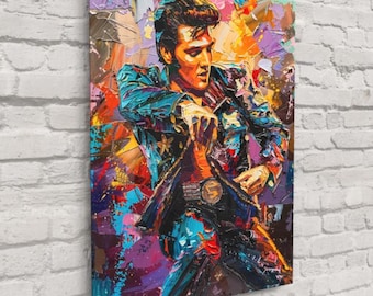 May include: A vibrant, textured painting of a man in a black jacket and blue shirt, with a gold belt buckle. The artwork features bold brushstrokes and a colorful palette of blues, oranges, purples, and yellows. The subject is in a dynamic pose.