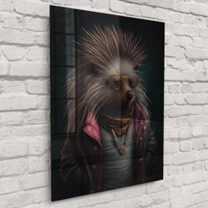 Puercoespín Posador – Retrato de animal caprichoso para pared / Impresión de puercoespín en lienzo o vidrio / Envío gratuito Glass