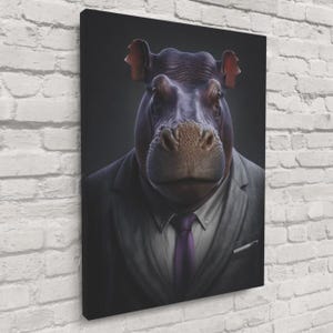 Puede incluir: Impresión en lienzo de un hipopótamo con traje gris, camisa blanca y corbata morada. La piel del hipopótamo es de color gris púrpura, sobre un fondo oscuro. La obra de arte se exhibe en una pared de ladrillos blancos.