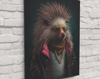 Porcupine Poser – Ritratto di animale stravagante da parete / Stampa su tela o vetro di un porcospino alla moda / Spedizione gratuita