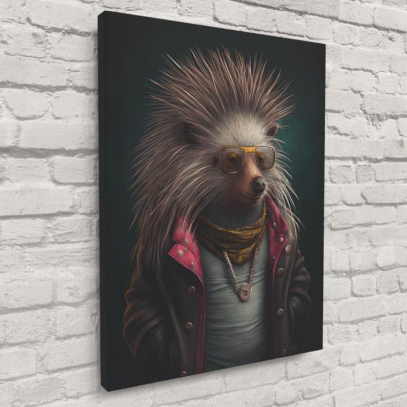 Puercoespín Posador – Retrato de animal caprichoso para pared / Impresión de puercoespín en lienzo o vidrio / Envío gratuito Canvas
